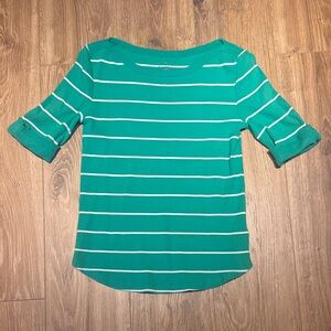Talbots Green and White Striped Long Sleeve Top